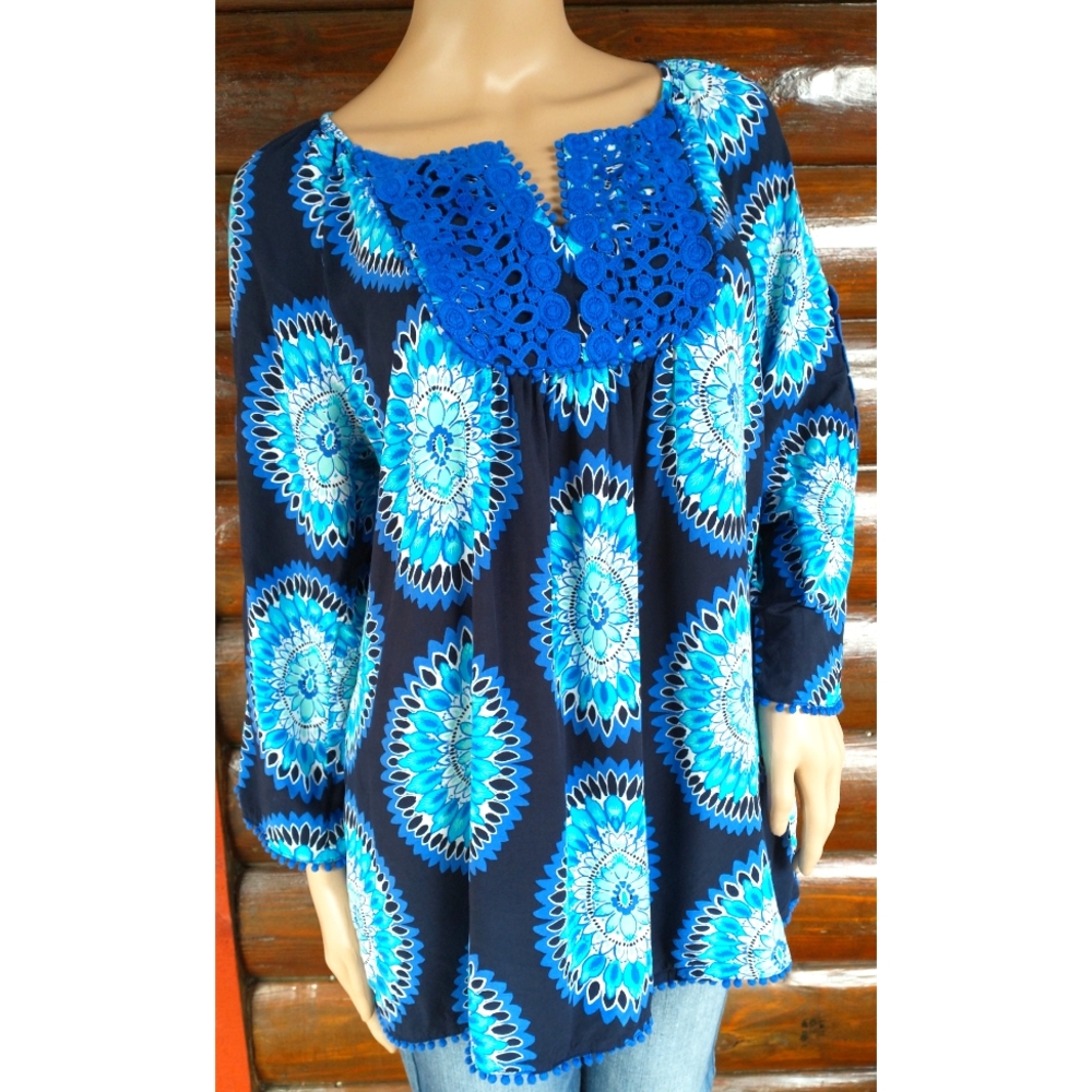 Crown & Ivy Top With Embroidered Embellished Neckline & Sleeves Size L